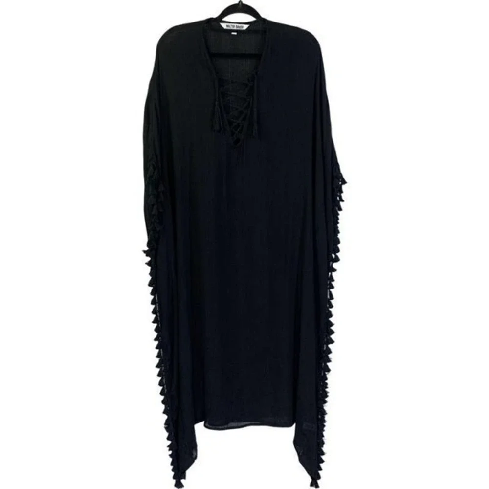 WALTER BAKER Black Knit Fringe‎ Tassel Acapulco Kaftan Shawl